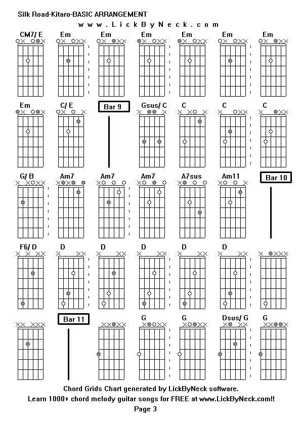 Chord Grids Chart of chord melody fingerstyle guitar song-Silk Road-Kitaro-BASIC ARRANGEMENT,generated by LickByNeck software.